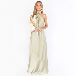 Show Me Your MuMu Jasmine Halter Maxi Dress in Moss Green Luxe Satin Size Small